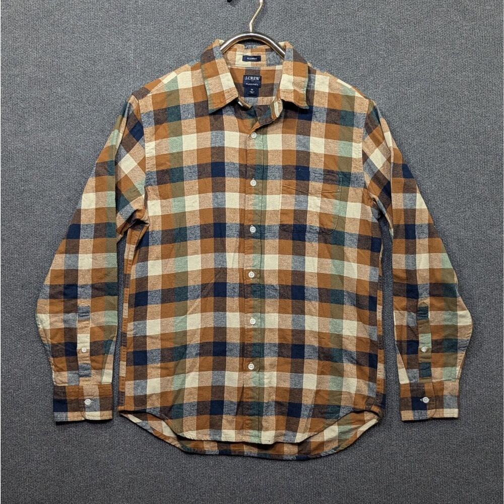 J Crew Flannel Shirt Mens Medium Classic Brown Blue Plaid Buffalo Check Neutrals